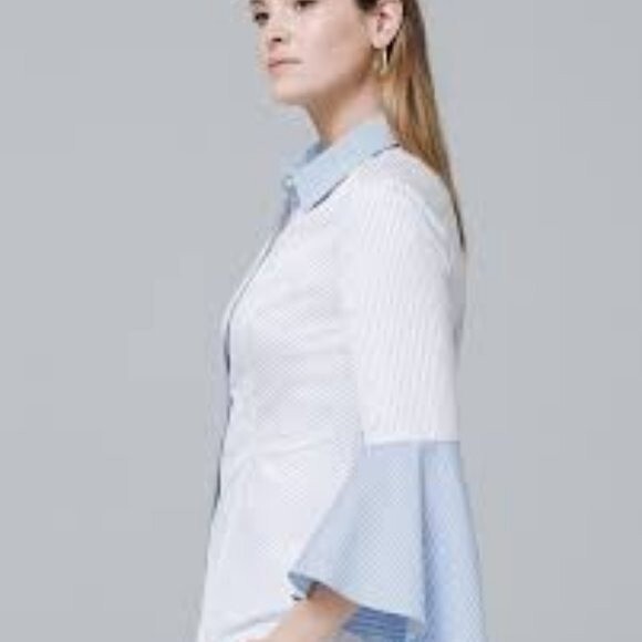 White House Black Market blue top  Sofia stripe button up collar shirt size 8 - Picture 4 of 14